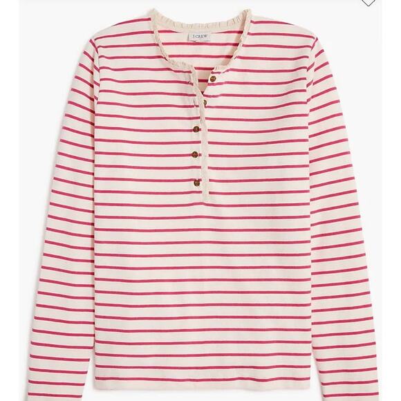 J Crew Pink and White Stripes Ruffle Collar Henley - XS - Picture 1 of 7
